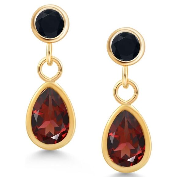 14K Yellow Gold with 1.18 Cttw Garnet and Black Onyx Post Back Drop Earrings